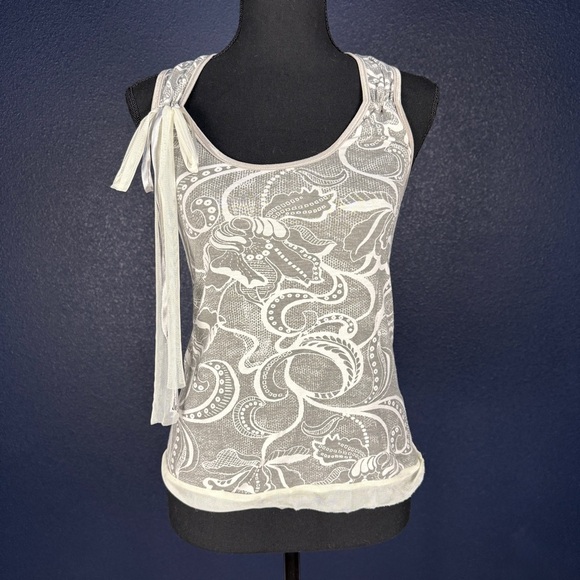 Sparkle & Fade Cream & Gray Tie Front Tank Top, Size Small - Picture 1 of 10